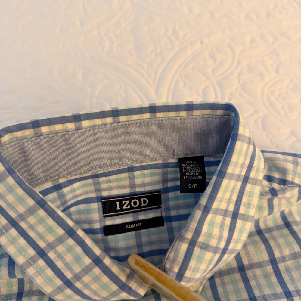 Izod Men's Short Sleeve Button-Down Shirt, Slim Fit Blue Teal White Size Small - Picture 6 of 9